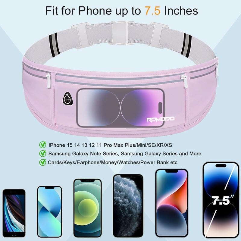 RDMODO Running Fanny Pack for Women, Running Belts for Men, Water Resistant Waist Pack, Large Capacity Phone Pouch，Adjustable Bounce Free Phone Holder for Running Walking Hiking Cards Key Light Purple - Image 4